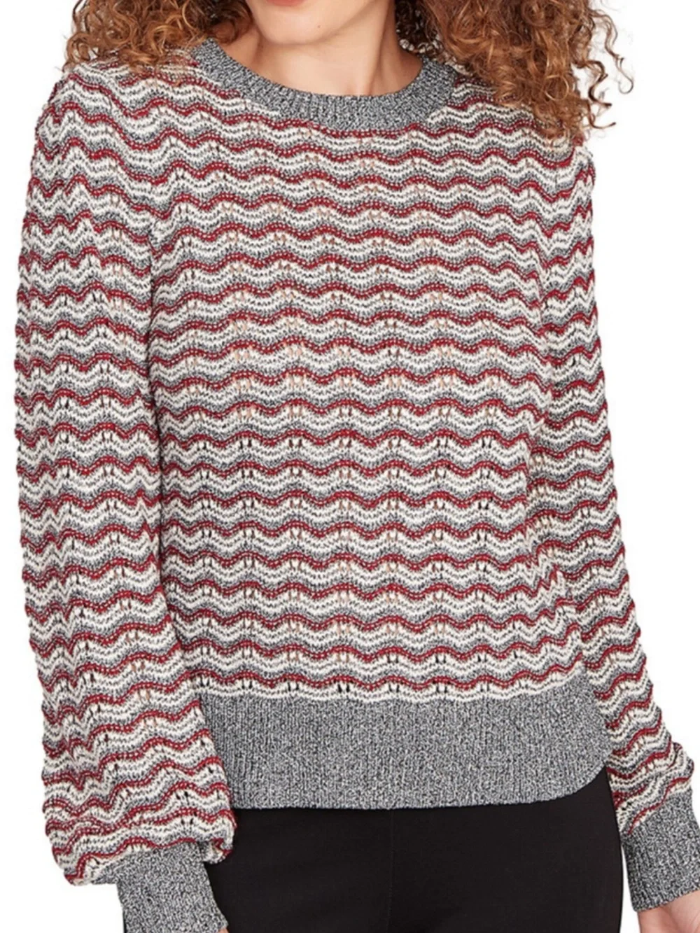 Skye's the Limit Red, Gray and White Wave Stripe Crew Sweater